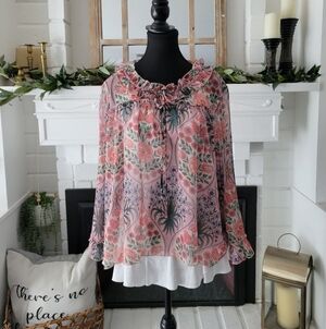 CRYSTAL & VIOLET Sheer Floral Ruffled Sleeves Peasant Bohemian Top Size XL
